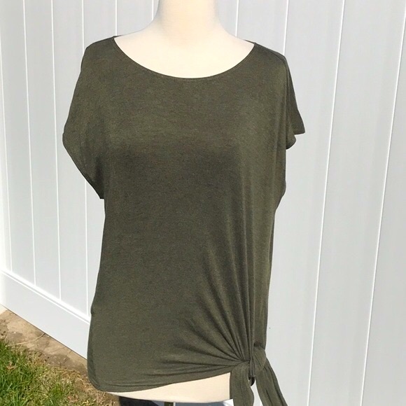 Max Studio Olive Green Couper Cut Cap Sleeve Knotted T Shirt Size Medium - Picture 2 of 16